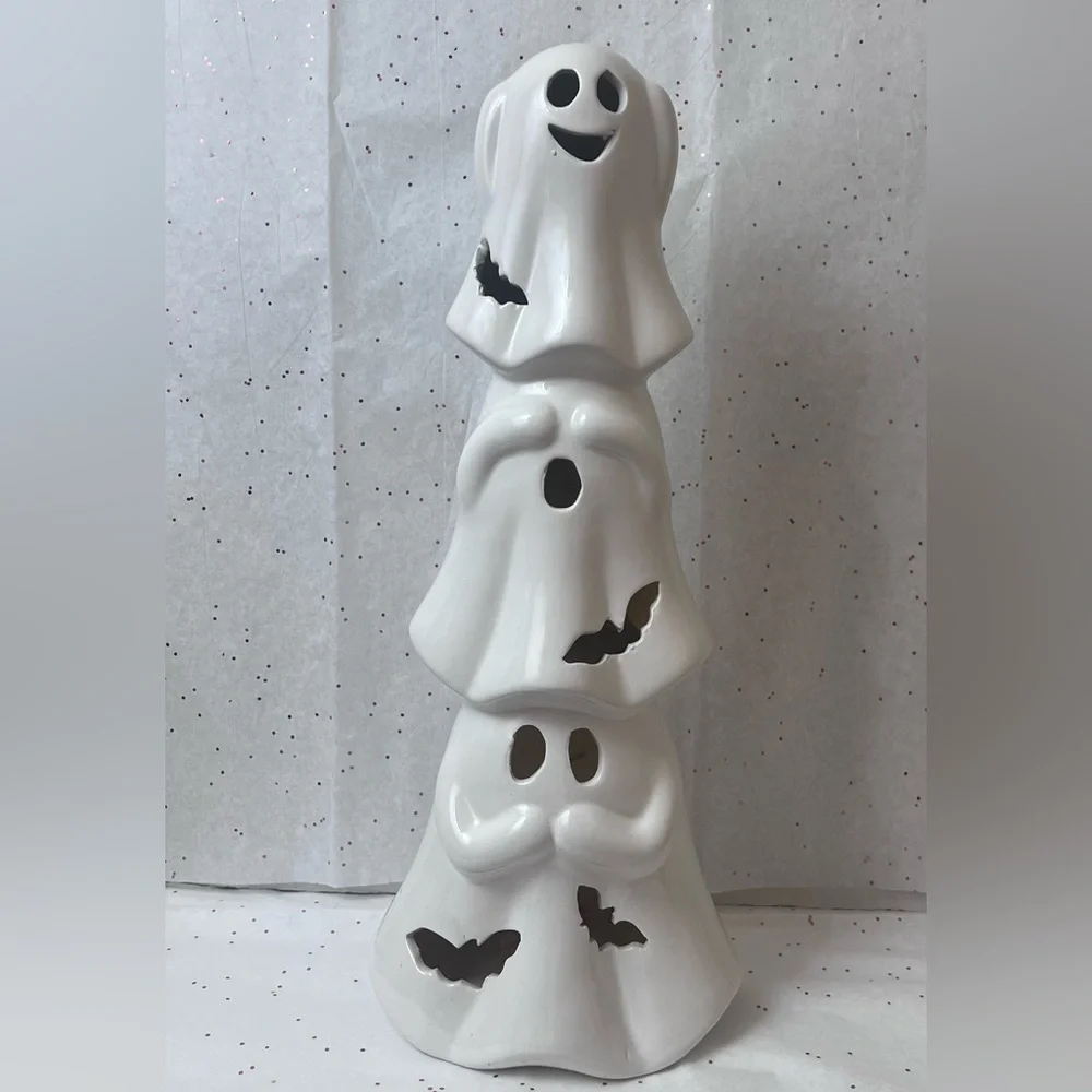 White Ceramic Ghost Light Up Statue.  “See no-Hear no-Speak no” pose Halloween.